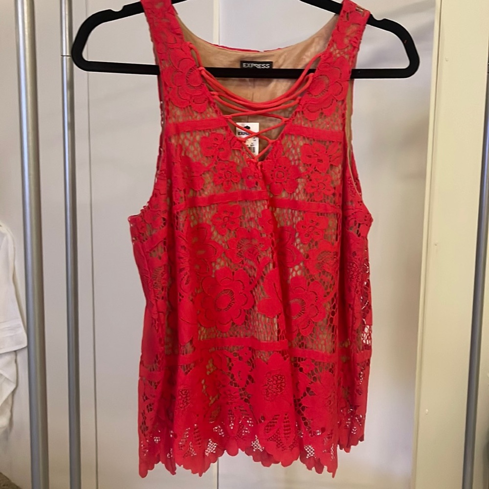 NWT- Express Lace Top -Red w/Beige -Medium